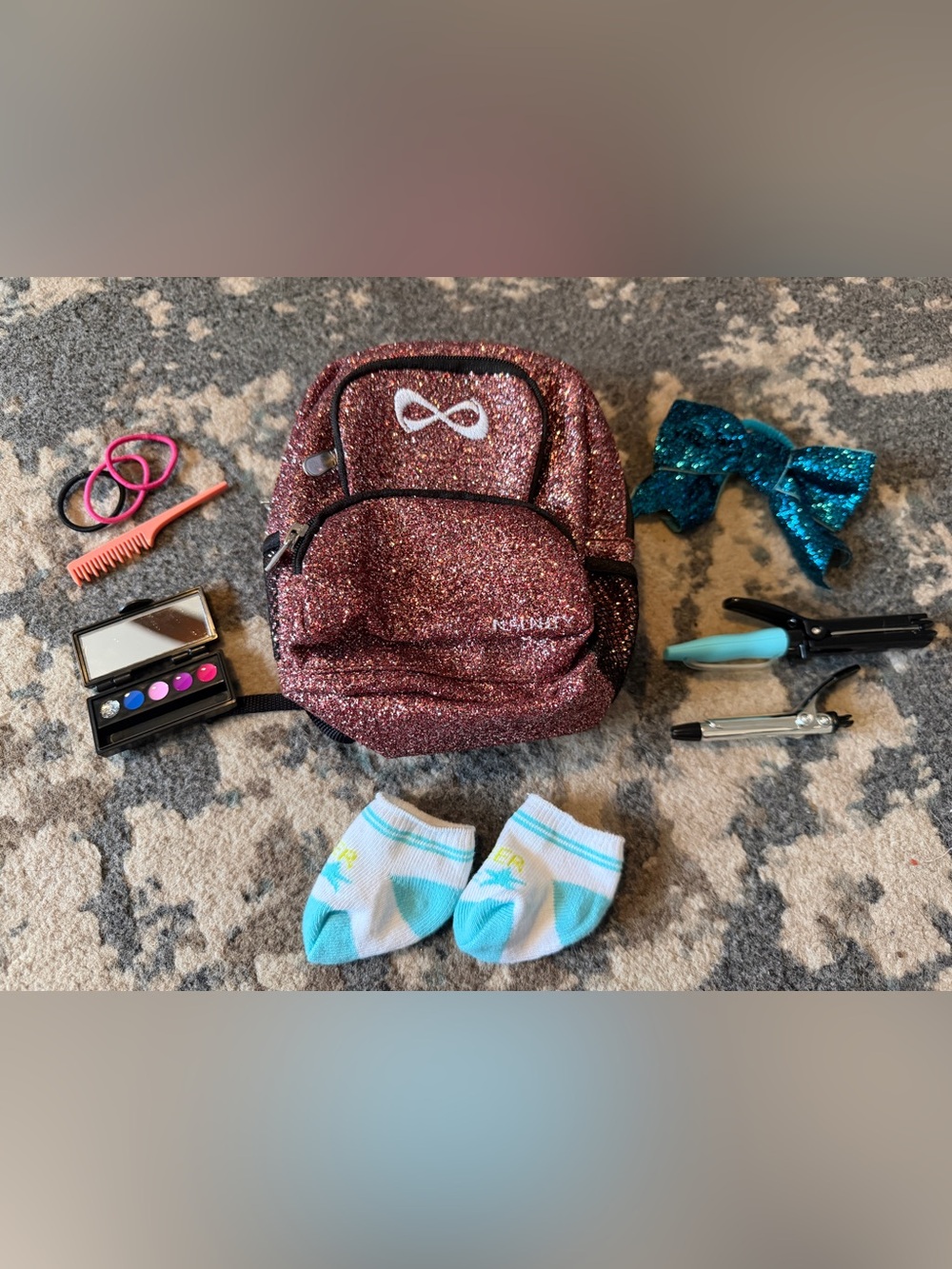 American Girl Joss's Nfinity Cheer Backpack Set Curling Iron Bow Comb Makeup